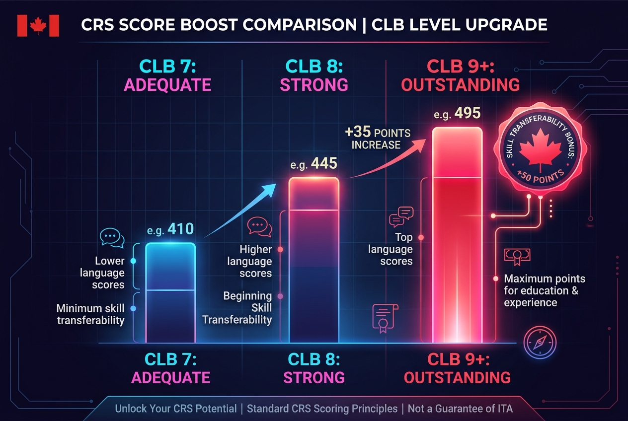 Comparison of CRS points awarded at CLB 7, CLB 8 and CLB 9 for a single applicant