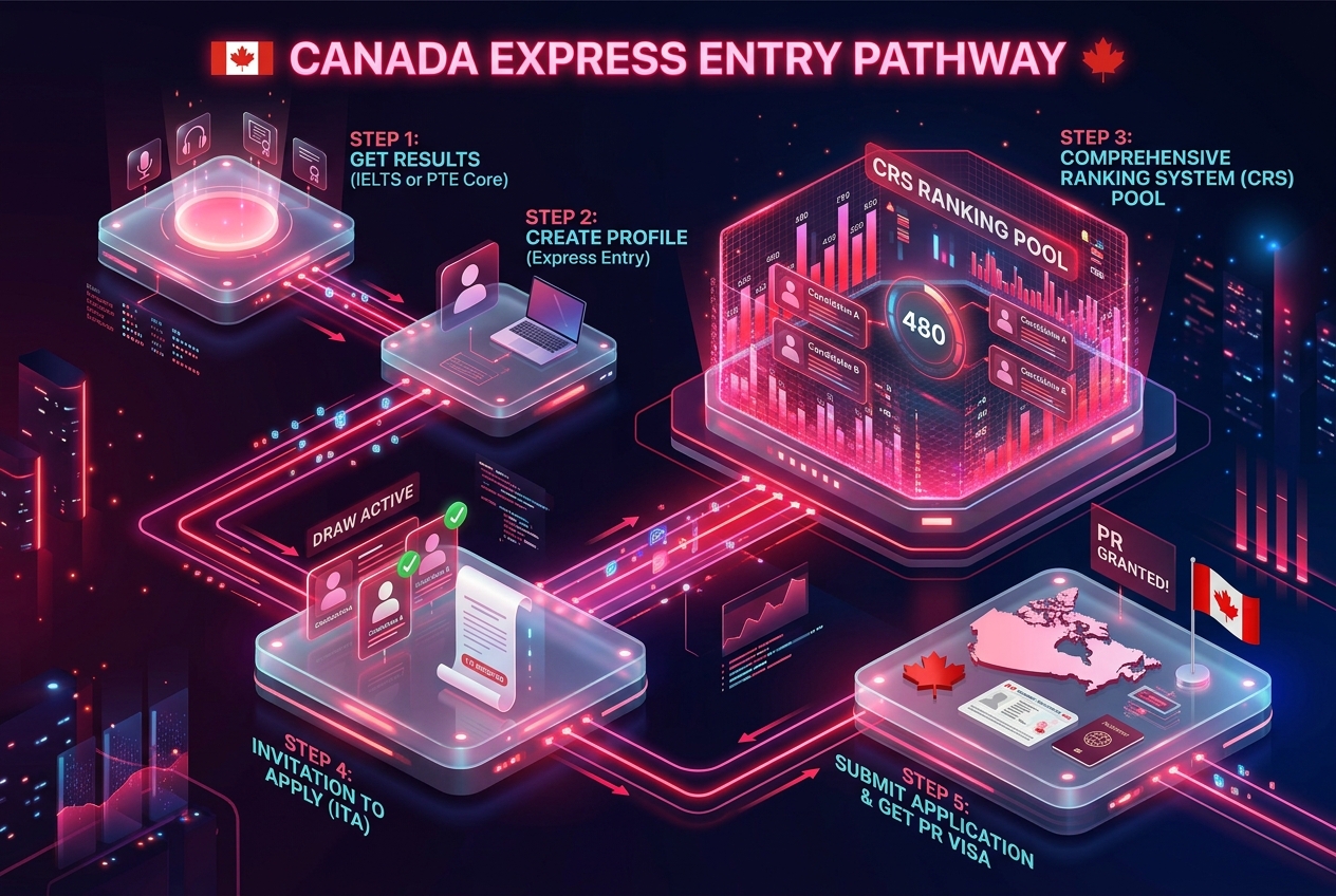 Express Entry pipeline showing where a language test result feeds into the CRS calculation