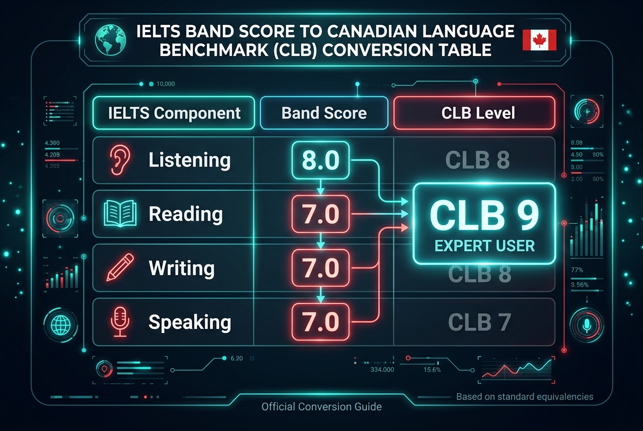 Chart mapping IELTS band scores to Canadian Language Benchmark levels 7, 8 and 9