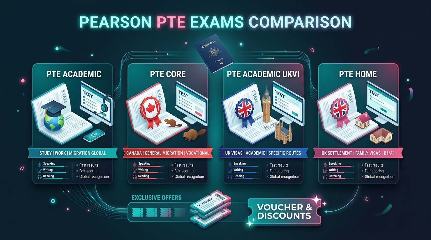 Comparison chart of PTE Academic, PTE Core, PTE Academic UKVI and PTE Home test formats and acceptance