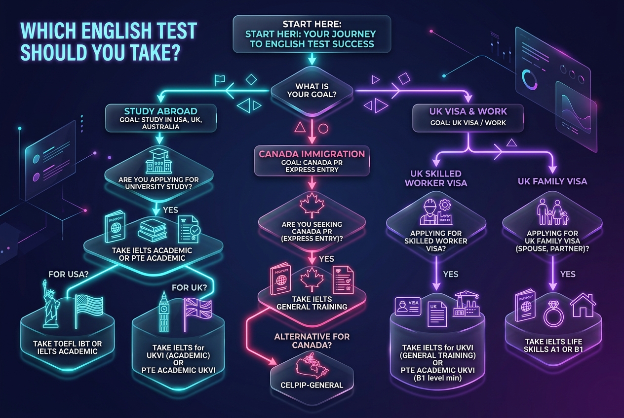 Flowchart guiding candidates on which PTE exam to select based on destination country and visa purpose