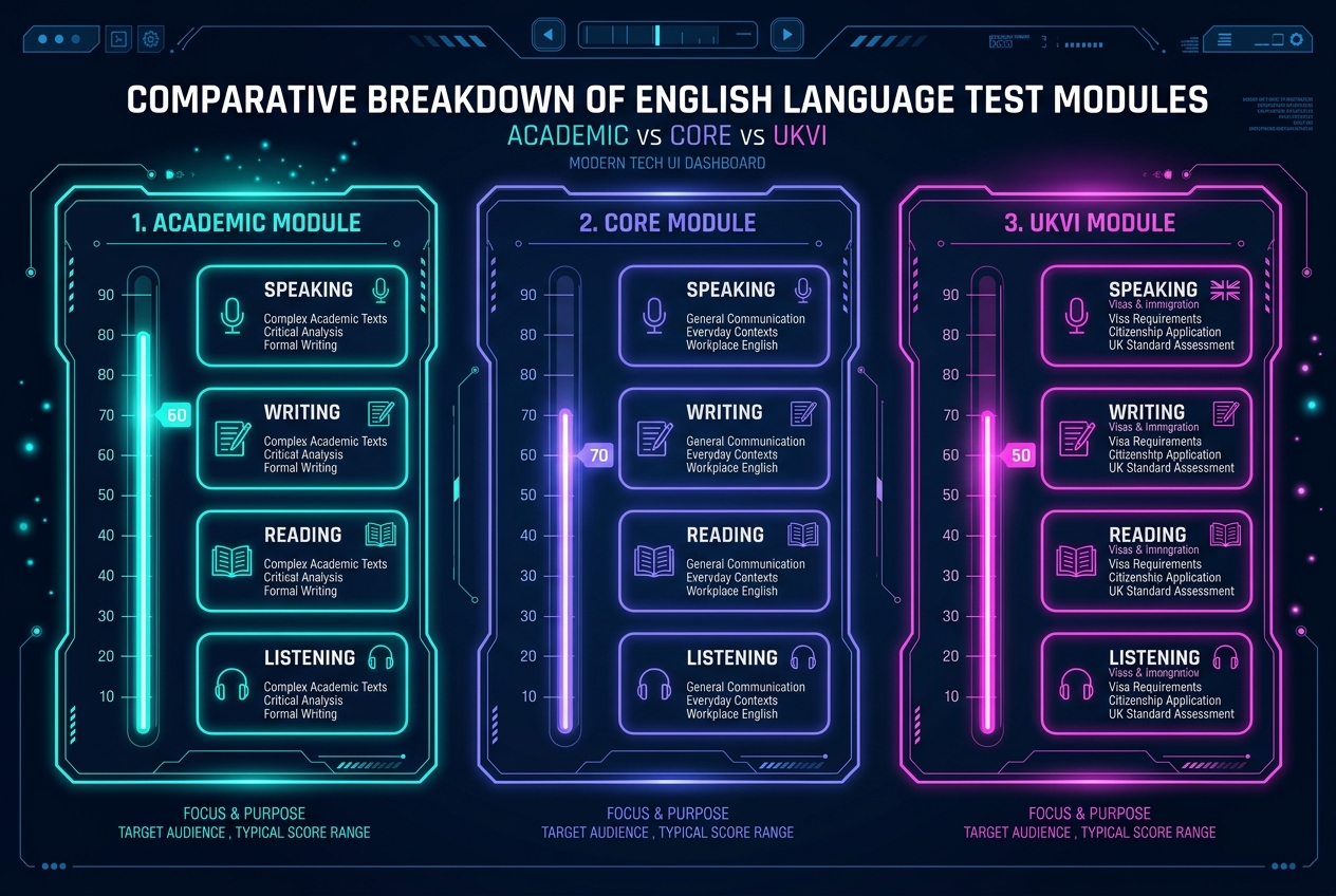 Visual comparison table infographic summarizing Pearson PTE test differences